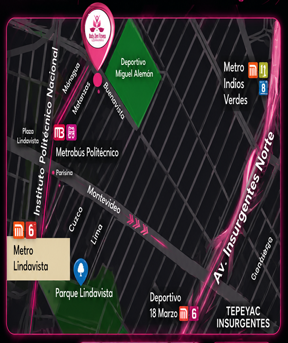 Mapa para llegar a Body Zen Fitness en Lindavista cerca del Metro Lindavista y Metrobús Politécnico