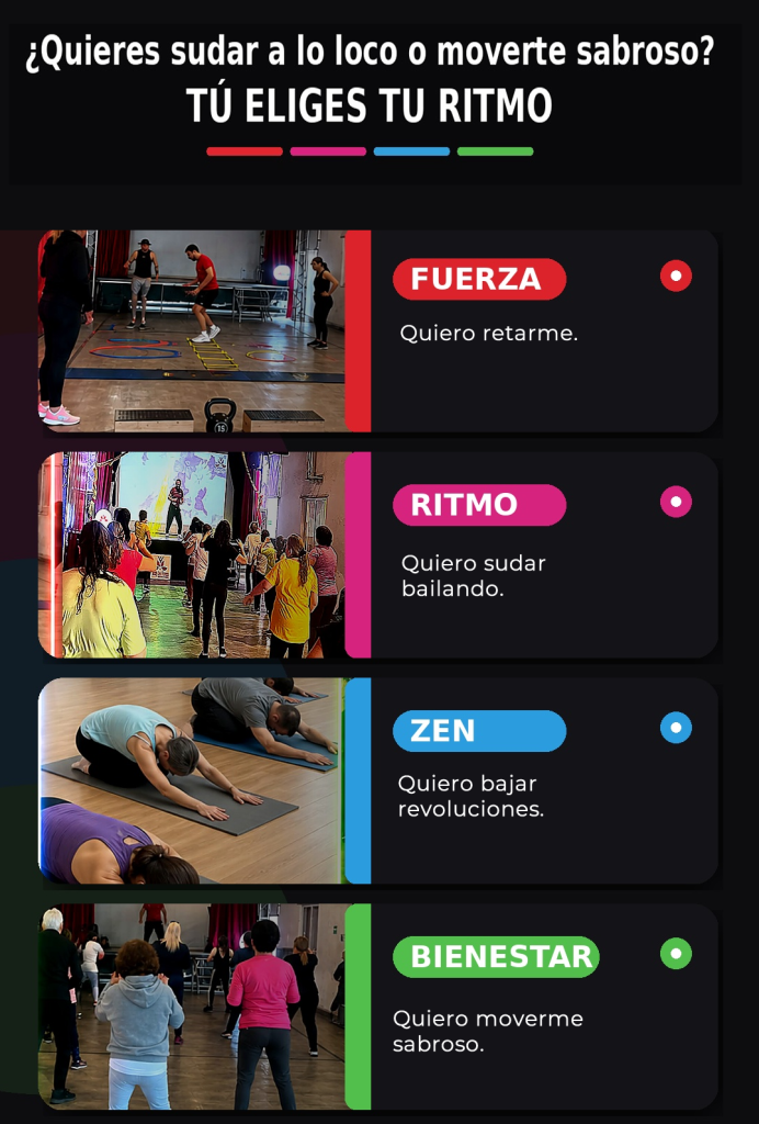 Opciones de movimiento en Body Zen Fitness Lindavista: Fuerza, Ritmo, Zen y Bienestar
