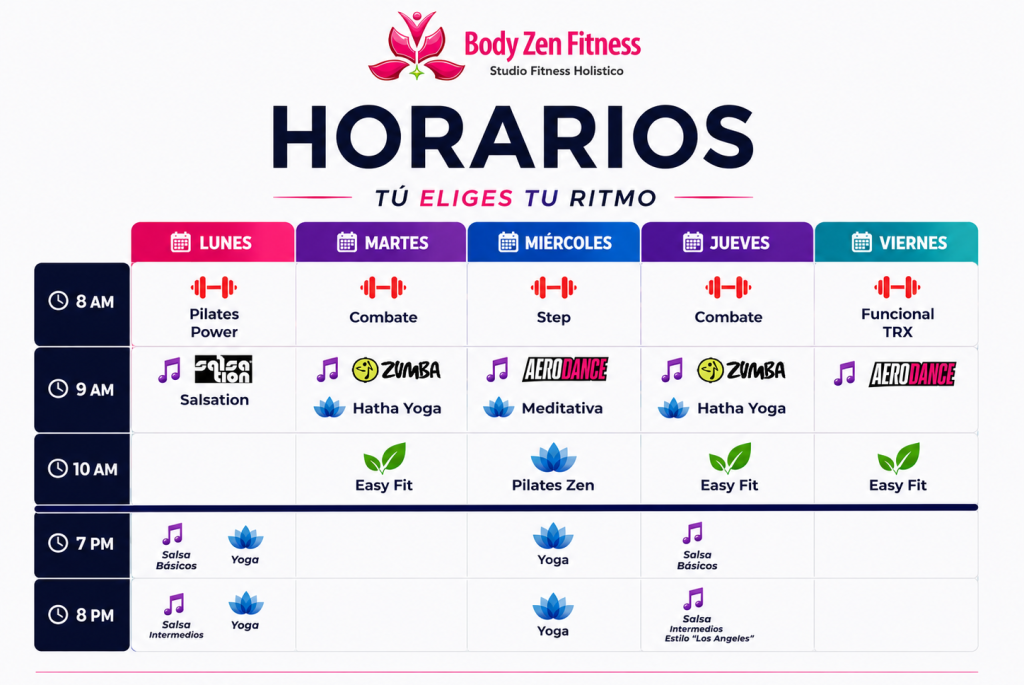 Horarios de clases Body Zen Fitness Lindavista con actividades de Fuerza, Ritmo, Zen y Bienestar