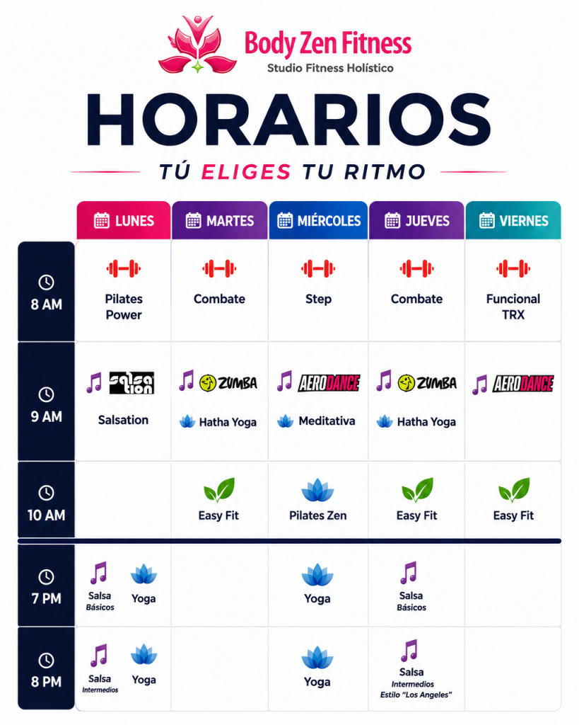 Horarios de clases Body Zen Fitness Lindavista con actividades de Fuerza, Ritmo, Zen y Bienestar