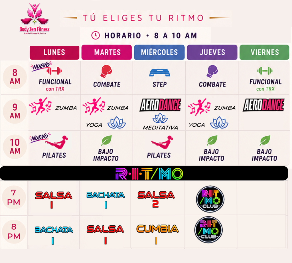 Horarios de clases Body Zen Fitness Lindavista con actividades de Fuerza, Ritmo, Zen y Bienestar