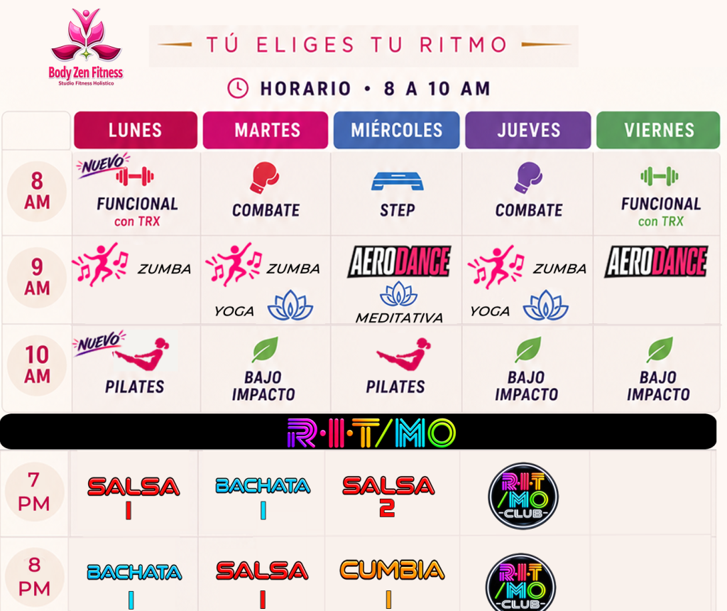 Horarios de clases Body Zen Fitness Lindavista con actividades de Fuerza, Ritmo, Zen y Bienestar