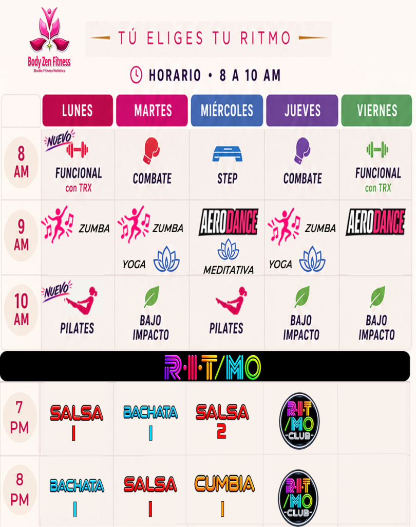 Horarios de clases Body Zen Fitness Lindavista con actividades de Fuerza, Ritmo, Zen y Bienestar