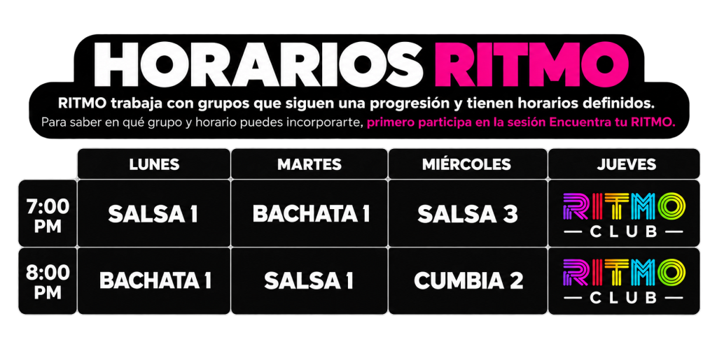 Horarios de RITMO, curso de baile social con clases de salsa, cumbia y bachata en Lindavista.