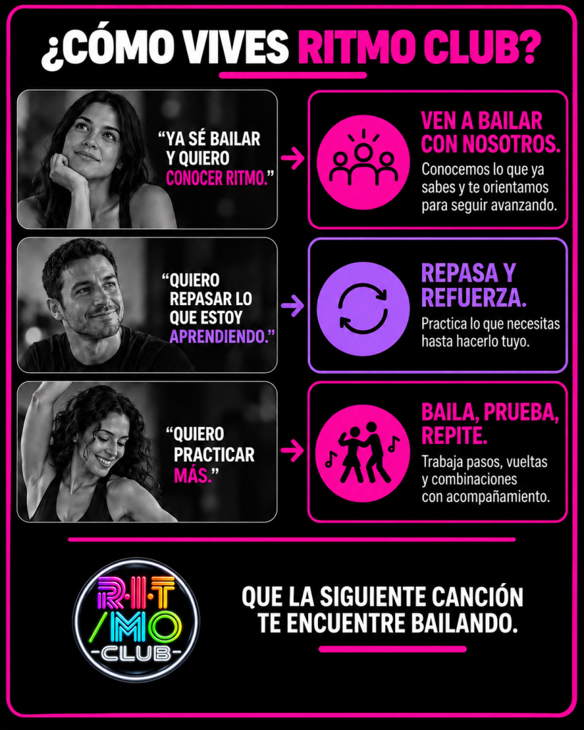 RITMO CLUB, espacio para bailar, practicar y seguir avanzando en un curso de baile social con clases de salsa, cumbia y bachata en Lindavista.