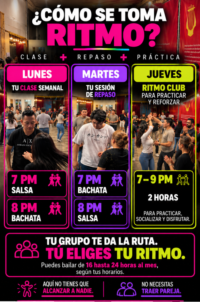 Cómo se toma RITMO: clases de Salsa y Bachata, repaso y RITMO CLUB para practicar en Lindavista.